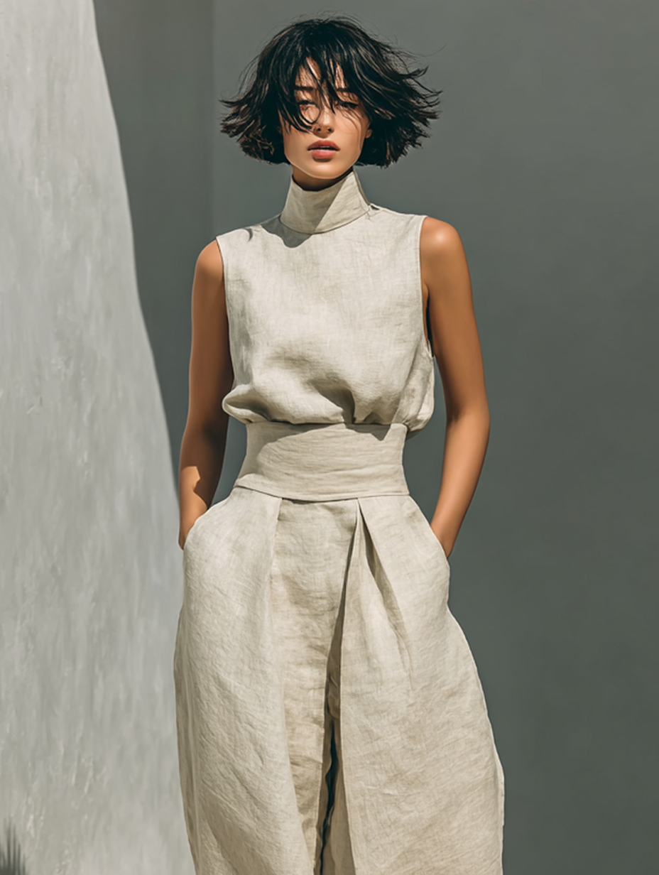 Maria - Completo di canotta e pantaloni larghi in cotone e lino minimalista per donna