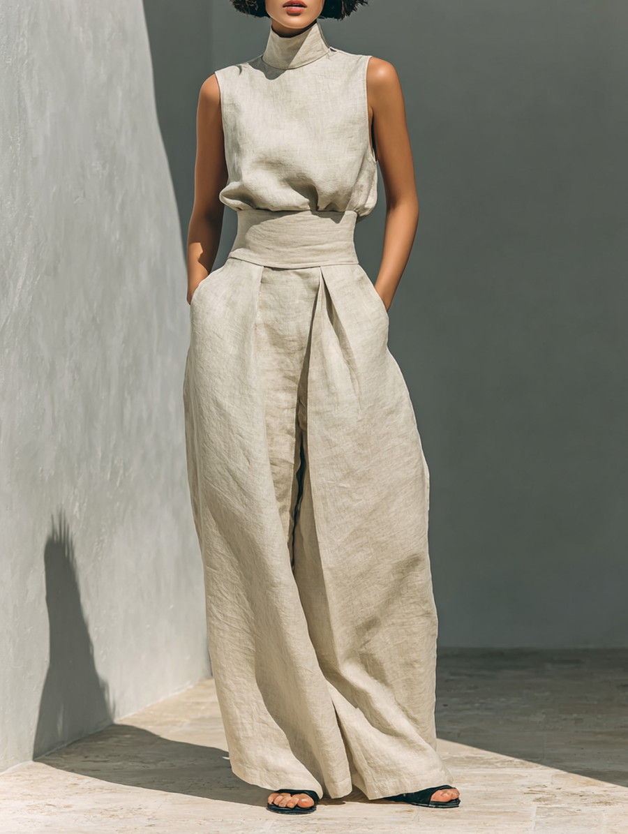 Maria - Completo di canotta e pantaloni larghi in cotone e lino minimalista per donna