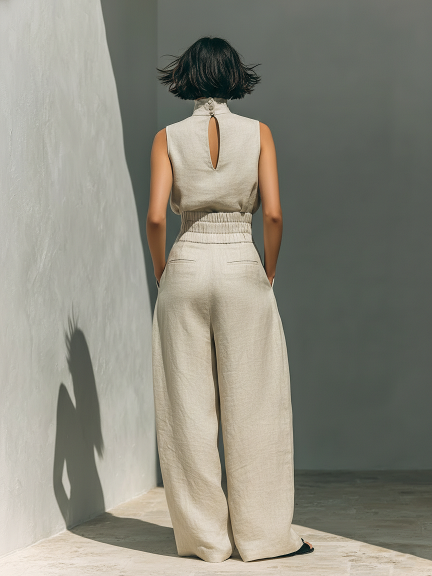 Maria - Completo di canotta e pantaloni larghi in cotone e lino minimalista per donna