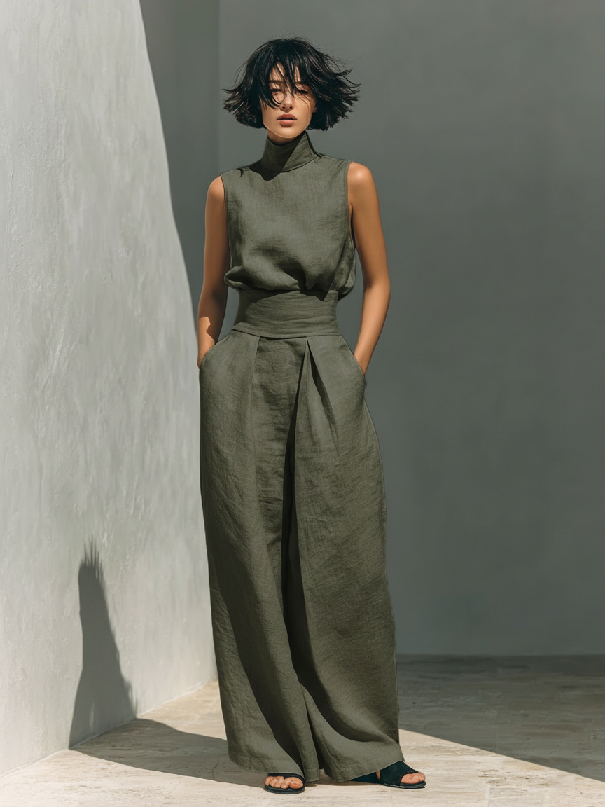Maria - Completo di canotta e pantaloni larghi in cotone e lino minimalista per donna