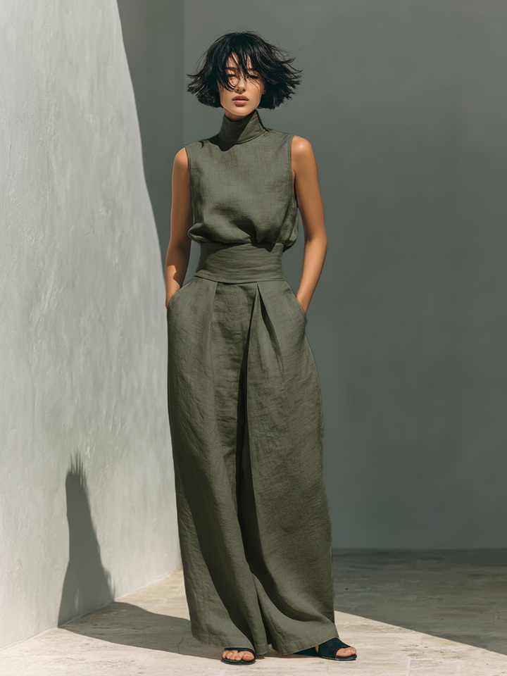 Maria - Completo di canotta e pantaloni larghi in cotone e lino minimalista per donna