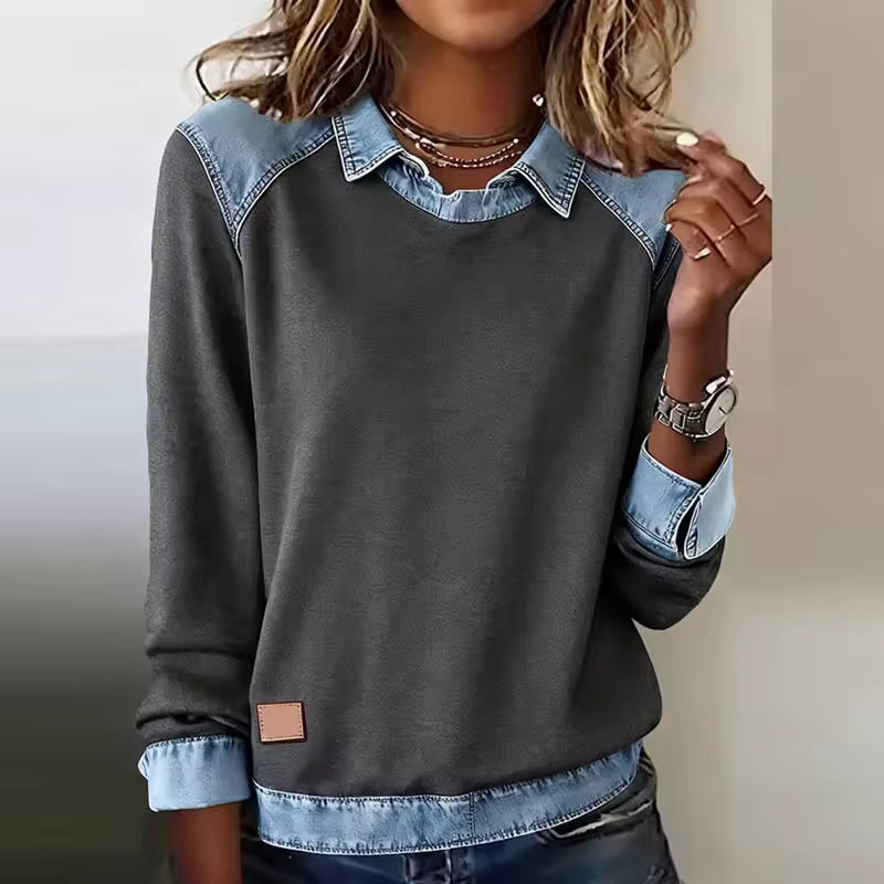 Alessia Denim Chic™ | Maglia polo con dettagli in denim moderno