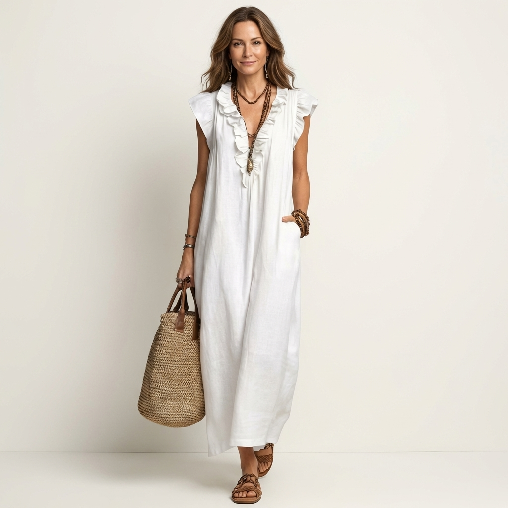 Giulia™ | Abito Lungo in Lino con Scollo a V