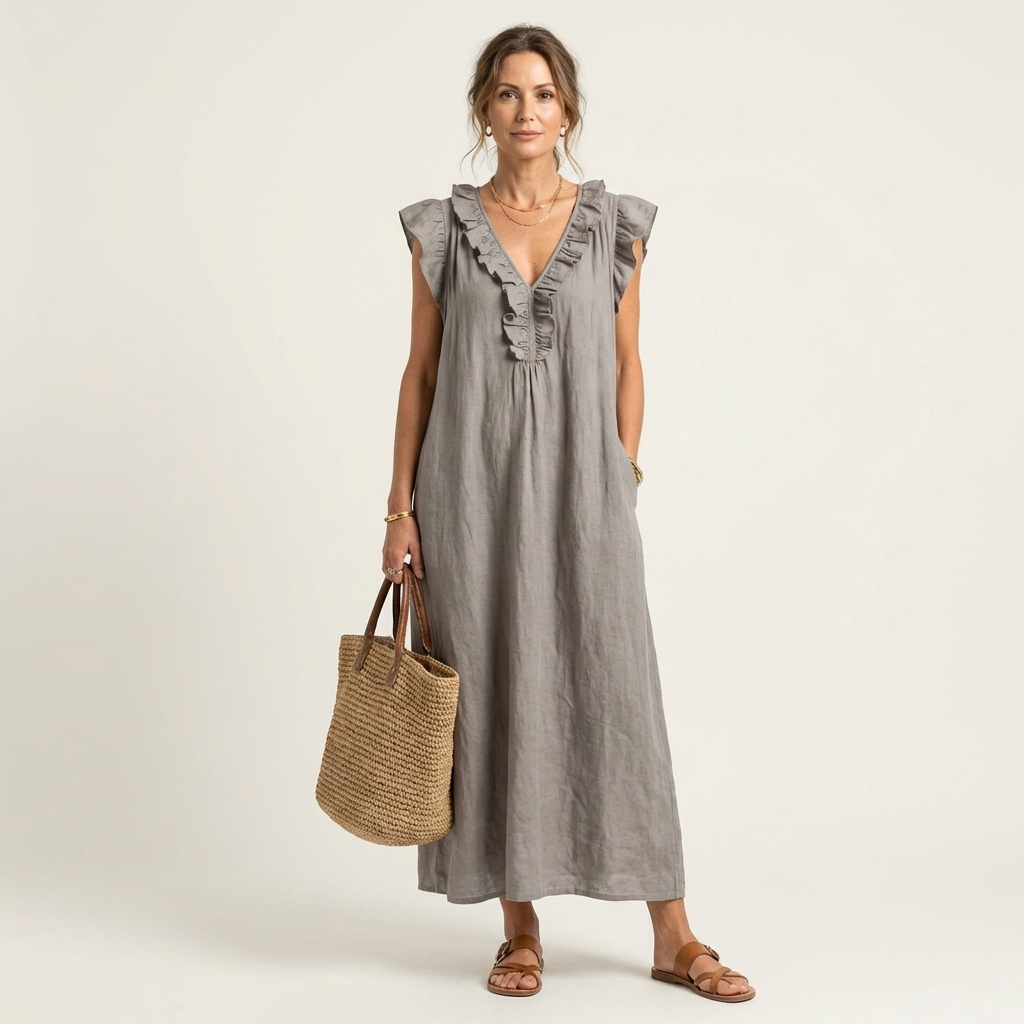 Giulia™ | Abito Lungo in Lino con Scollo a V