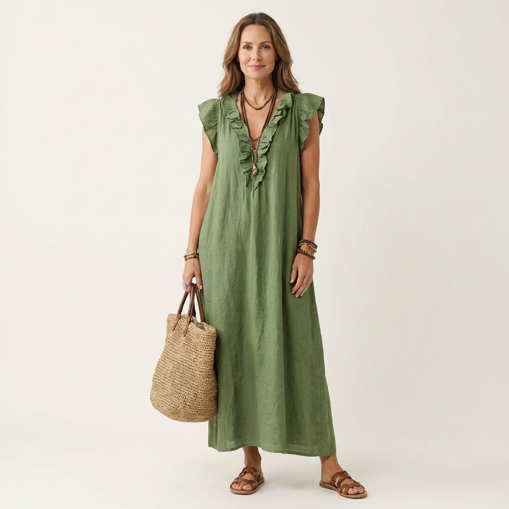 Giulia™ | Abito Lungo in Lino con Scollo a V