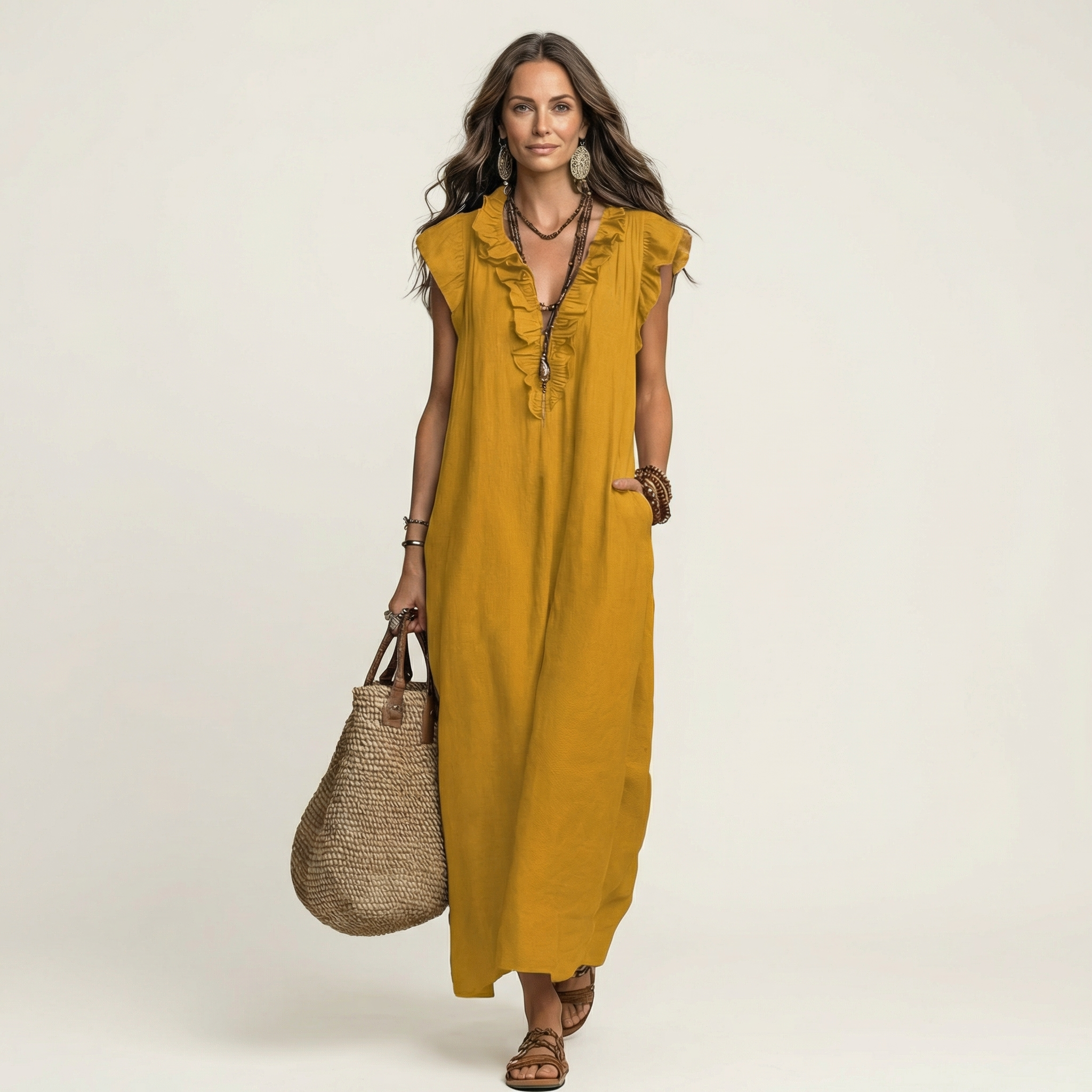 Giulia™ | Abito Lungo in Lino con Scollo a V