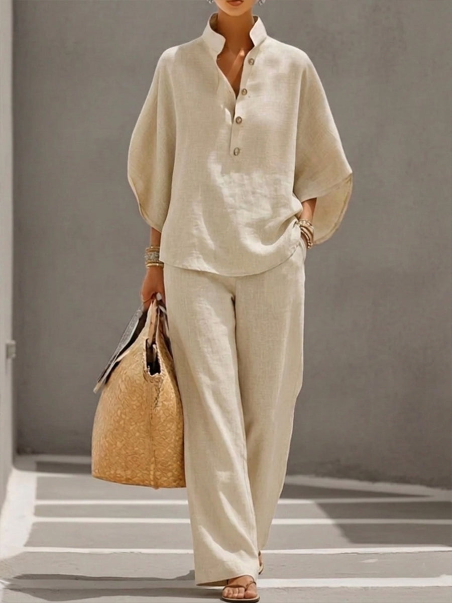 Caterina™ | Completo in Cotone e Lino con Maniche a Pipistrello e Pantaloni Larghi
