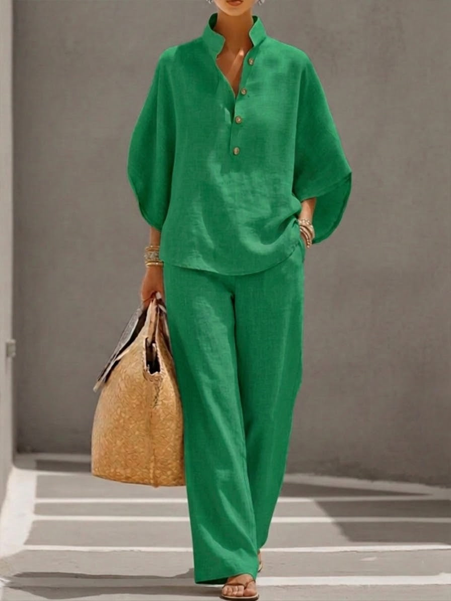 Caterina™ | Completo in Cotone e Lino con Maniche a Pipistrello e Pantaloni Larghi