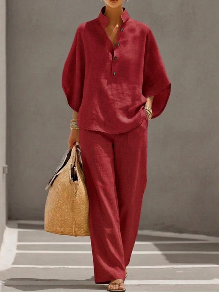 Caterina™ | Completo in Cotone e Lino con Maniche a Pipistrello e Pantaloni Larghi