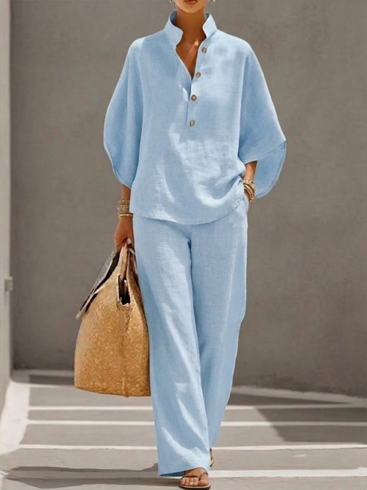 Caterina™ | Completo in Cotone e Lino con Maniche a Pipistrello e Pantaloni Larghi