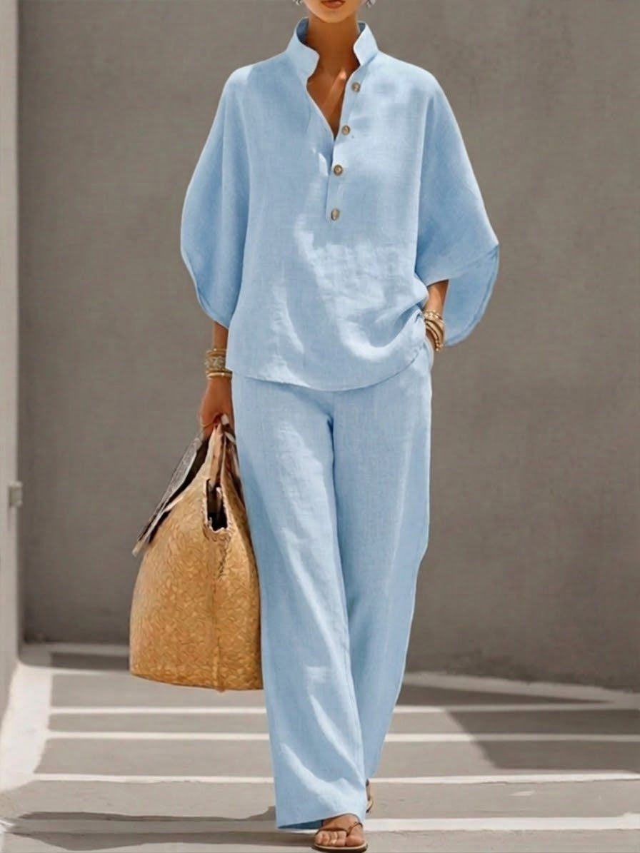Caterina™ | Completo in Cotone e Lino con Maniche a Pipistrello e Pantaloni Larghi