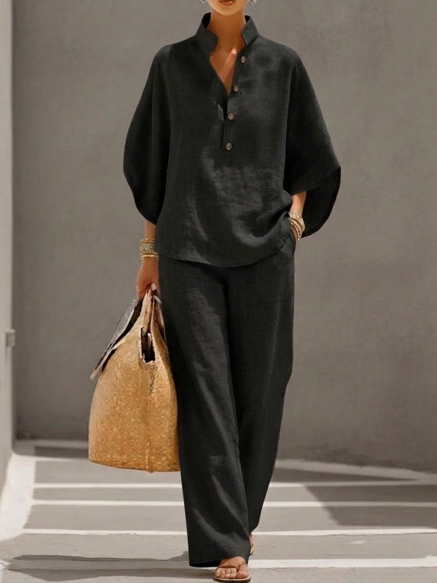 Caterina™ | Completo in Cotone e Lino con Maniche a Pipistrello e Pantaloni Larghi