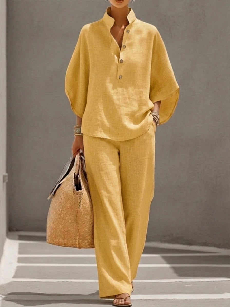 Caterina™ | Completo in Cotone e Lino con Maniche a Pipistrello e Pantaloni Larghi